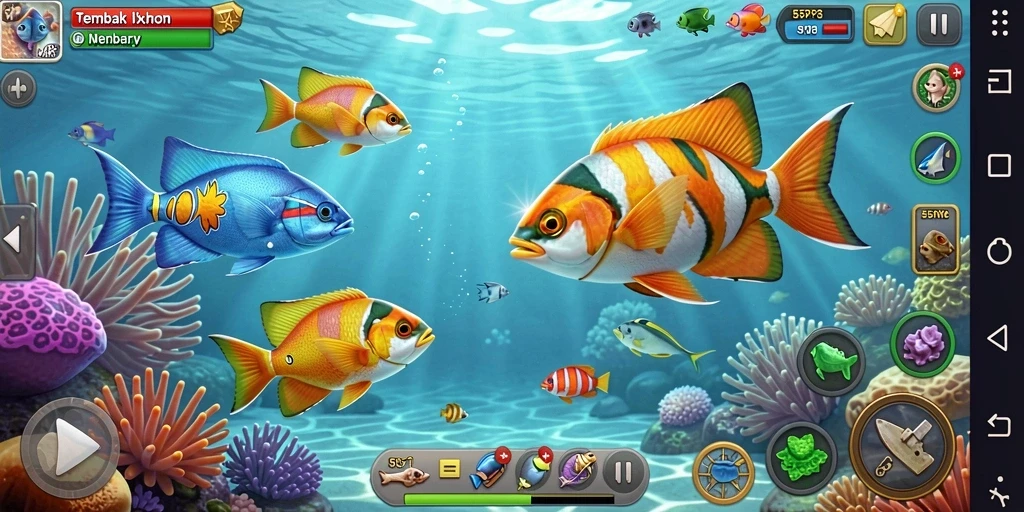 Screenshot gameplay 55RP dengan aksi seru menangkap ikan.