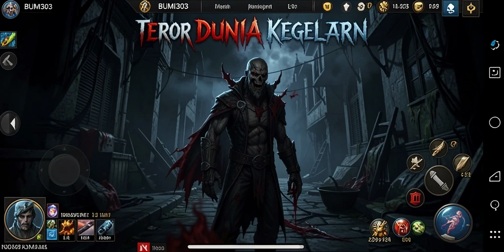 Gameplay BUMI303 menampilkan suasana horor yang gelap dan mencekam.