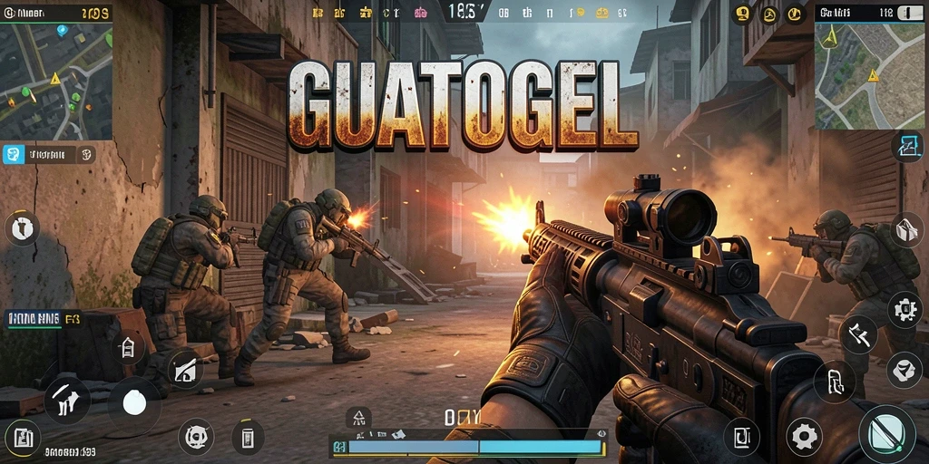 Screenshot utama GUATOGEL menunjukkan aksi tembak-menembak yang mendebarkan.