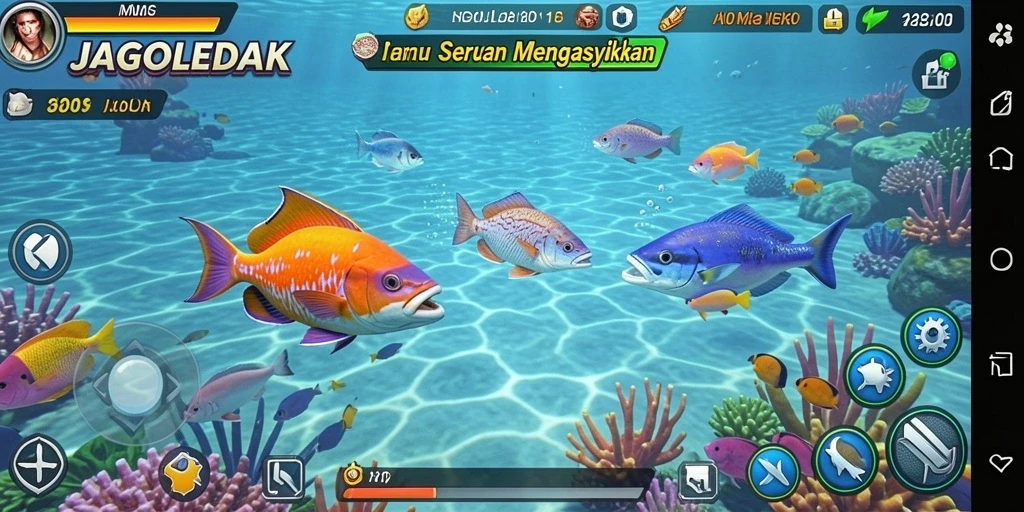 Tampilan gameplay JAGOLEDAK dengan berbagai ikan dan senjata.