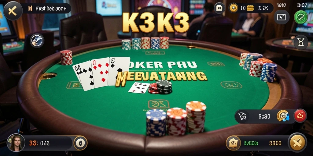 Screenshot gameplay K3K3 menampilkan aksi poker yang mendebarkan.