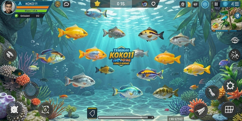 Screenshot gameplay KOKO11 menampilkan serunya berburu ikan di laut.