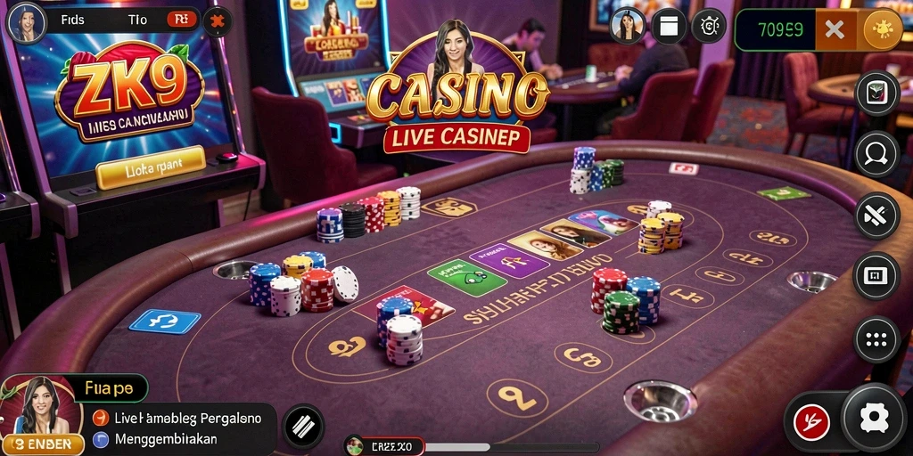 Screenshot gameplay Live Casino ZK9 menunjukkan dealer interaktif dan suasana permainan yang nyata.